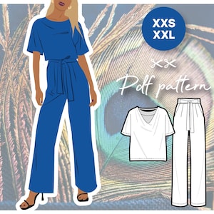 May include: A digital illustration of a blue jumpsuit with a wide leg and a tie belt. The illustration is on a background of a peacock feather. The text "XXS XXL Poff pattern" is also included in the image.