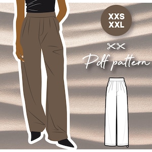 May include: A digital illustration of a pattern for wide-leg trousers. The pattern is shown in white on a beige background. The text "XXS XXL" and "Palt pattern" is also included in the image.
