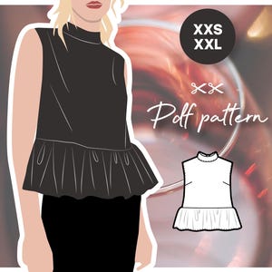NINA sleeveless top with peplum and high neck for silk or viscose - PDF sewing pattern women&#39;s sizing