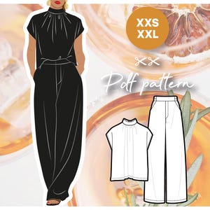 Puede incluir: Un top negro de cuello alto con mangas cortas y un pantalón negro de pierna ancha. También se muestra un top blanco de cuello alto con mangas cortas y un pantalón blanco de pierna ancha. La imagen incluye el texto "XXS XXL" y "Puff pattern".