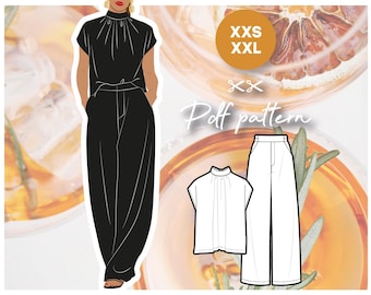 DORIAN + GRETA silky viscose coordinated set with wide leg pants & gathered blouse - PDF sewing pattern bundle in women's sizing