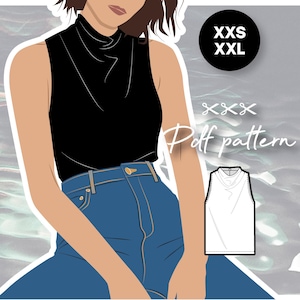 Könnte beinhalten: Eine digitale Illustration einer Frau, die ein schwarzes, ärmelloses Oberteil mit Stehkragen und eine blaue Jeans trägt. Das Bild enthält den Text "XXS XXL" und "Pdf pattern".
