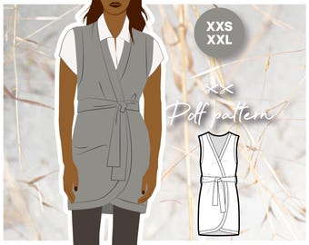 EMMA long wrap cardigan, belted sweater dress with a sleeveless design  - PDF sewing pattern women's sizing
