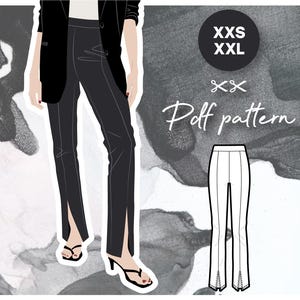 May include: A black and white illustration of a pair of pants with a slit on each side. The illustration is labeled "XS-XXL Pof pattern".