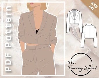 GRACE cropped blazer unlined with notch collar fitted with shoulder pads - PDF sewing pattern women's sizing