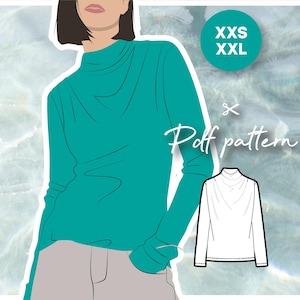 BALTIC cowl draped top with high neck and long sleeves jersey knit top - PDF sewing pattern women&#39;s sizing