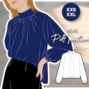 Könnte beinhalten: Eine digitale Illustration eines blauen Blusenmodells mit Stehkragen, gerafftem Ausschnitt und langen Ärmeln. Die Bluse wird an einer Frau mit schwarzer Hose gezeigt. Darunter ist eine weiße Version der Bluse mit dem Text "Puff pattern" und "XXS - XXL" abgebildet.