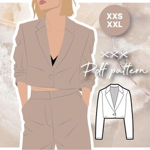 GRACE cropped blazer unlined with notch collar fitted with shoulder pads - PDF sewing pattern women&#39;s sizing