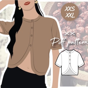 Könnte beinhalten: Ein braunes, kurzärmeliges, geknöpftes Oberteil mit hohem Kragen und einem leicht verkürzten Saum. Das Oberteil wird an einem Modell mit schwarzer Hose gezeigt. Das Bild enthält auch eine Strichzeichnung des Oberteils in Weiß, mit dem Text "XS-XXL Pof pattern" darunter.