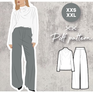 Könnte beinhalten: Eine digitale Illustration eines weißen Rollkragenpullovers und einer grauen weiten Hose. Die Illustration enthält den Text "XXS XXL" und "Poff pattern".
