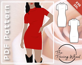 Mini-robe ajustée ROSIE, courte avec col roulé et manches courtes, basique en jersey - Patron de couture PDF, dimension femme