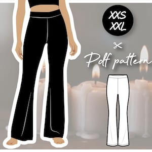 May include: A digital illustration of a black pair of wide-leg pants with a white seam down the center of each leg. The illustration is on a white background with the text "XXS XXL x Pdf pattern" in black.