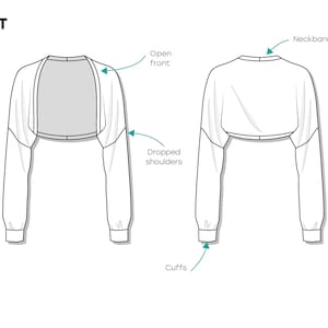 MINT bolero/shrug sweater with long sleeves, dropped shoulders, and cropped length PDF sewing pattern women's sizing image 8