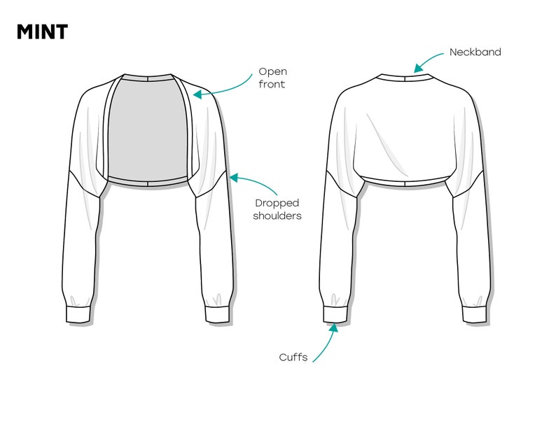 MINT bolero/shrug sweater with long sleeves, dropped shoulders, and cropped length PDF sewing pattern women's sizing image 8