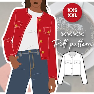 AMERICANO cropped tweed jacket with flap chest pockets and shoulder pads - PDF sewing pattern women&#39;s sizing