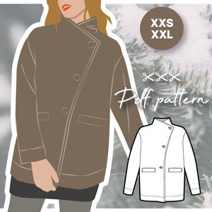 May include: A digital illustration of a brown coat with a diagonal button closure. The coat has a high collar and a single button on the front. The illustration is on a white background with the text "XXX Doft pattern" and "XXS XXL" in a circle.