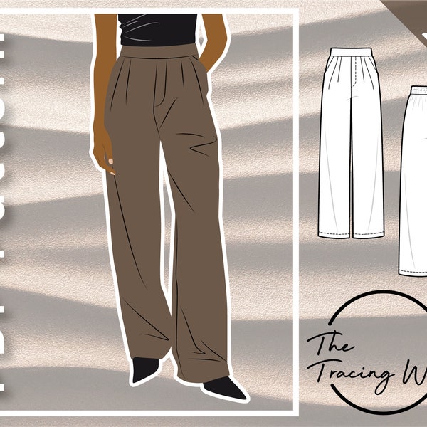 RUMMY straight-leg pants, pleated with flat front elastic waist, slash pockets, and high rise - PDF sewing pattern women's sizing