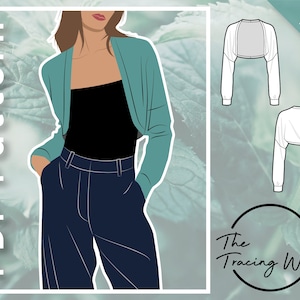 MINT bolero/shrug sweater with long sleeves, dropped shoulders, and cropped length PDF sewing pattern women's sizing image 1