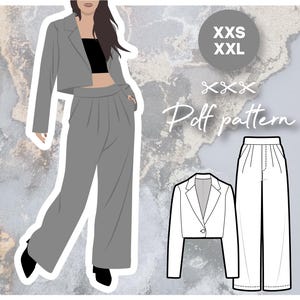May include: A digital illustration of a gray cropped blazer and matching wide-leg pants. The illustration includes a separate line drawing of the blazer and pants in white. The text "XXS XXL" and "Pdf pattern" is included in the image.