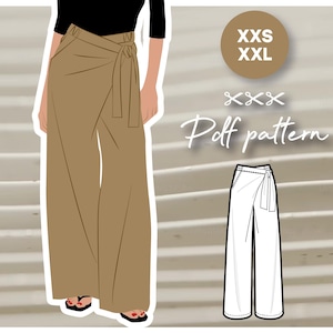 Op de afbeelding: Een digitale illustratie van een bruin wikkelbroekpatroon. Het patroon is verkrijgbaar in de maten XXS tot XXL. De tekst "Poff pattern" is in de afbeelding opgenomen.