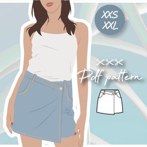 May include: Illustration of a light blue denim wrap skirt and a white vest top. The image includes a small sketch of the skirt and text that reads "XXS XXL" and "Pdf pattern". The background is light blue.