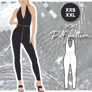 Può includere: Un'illustrazione digitale di una tuta nera con scollo halter. L'illustrazione è su uno sfondo di palle da discoteca argentate. Il testo "XXS XXL" e "Dolf pattern" è incluso anche nell'immagine.