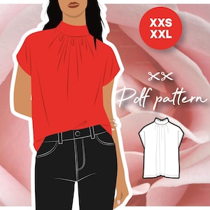 DORIAN gathered loose top blouse with short dolman sleeves and high neck collar tied at the back - PDF sewing pattern women&#39;s sizing