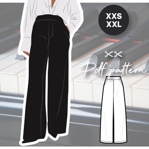 May include: Black wide-leg pants paired with a white button-down shirt. The image includes a diagram of the pants and text that reads "XXS XXL" and "Pdf pattern". The background features a piano.