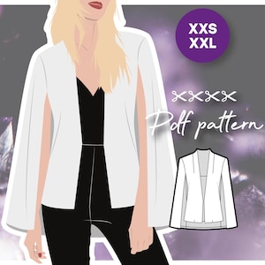 May include: A white blazer with a cape-like back and a deep V-neck. The blazer is shown on a model with long blonde hair. The image also includes a smaller illustration of the blazer, along with the text "XS-XXL" and "Dolf pattern".