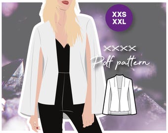 Blazer capa AMULETTE com forro interno completo, sem gola e frente aberta - Molde de costura em PDF para tamanhos femininos
