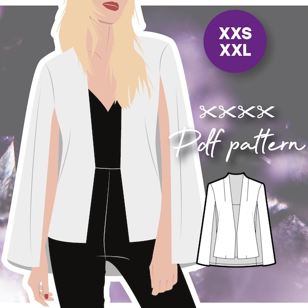 Blazer tipo capa AMULETTE con interior totalmente forrado, diseño sin cuello y frente abierto - Patrón de costura en PDF para tallas de mujer