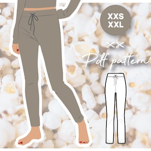 May include: A digital illustration of a pair of pants with a drawstring waist. The pants are shown in a light brown color. The image also includes text that says "XXS XXL Poft pattern".