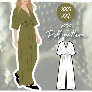 SERICA wide-leg jumpsuit with wrap top, Dolman sleeves and side pockets - PDF sewing pattern women&#39;s sizing for silk or linen