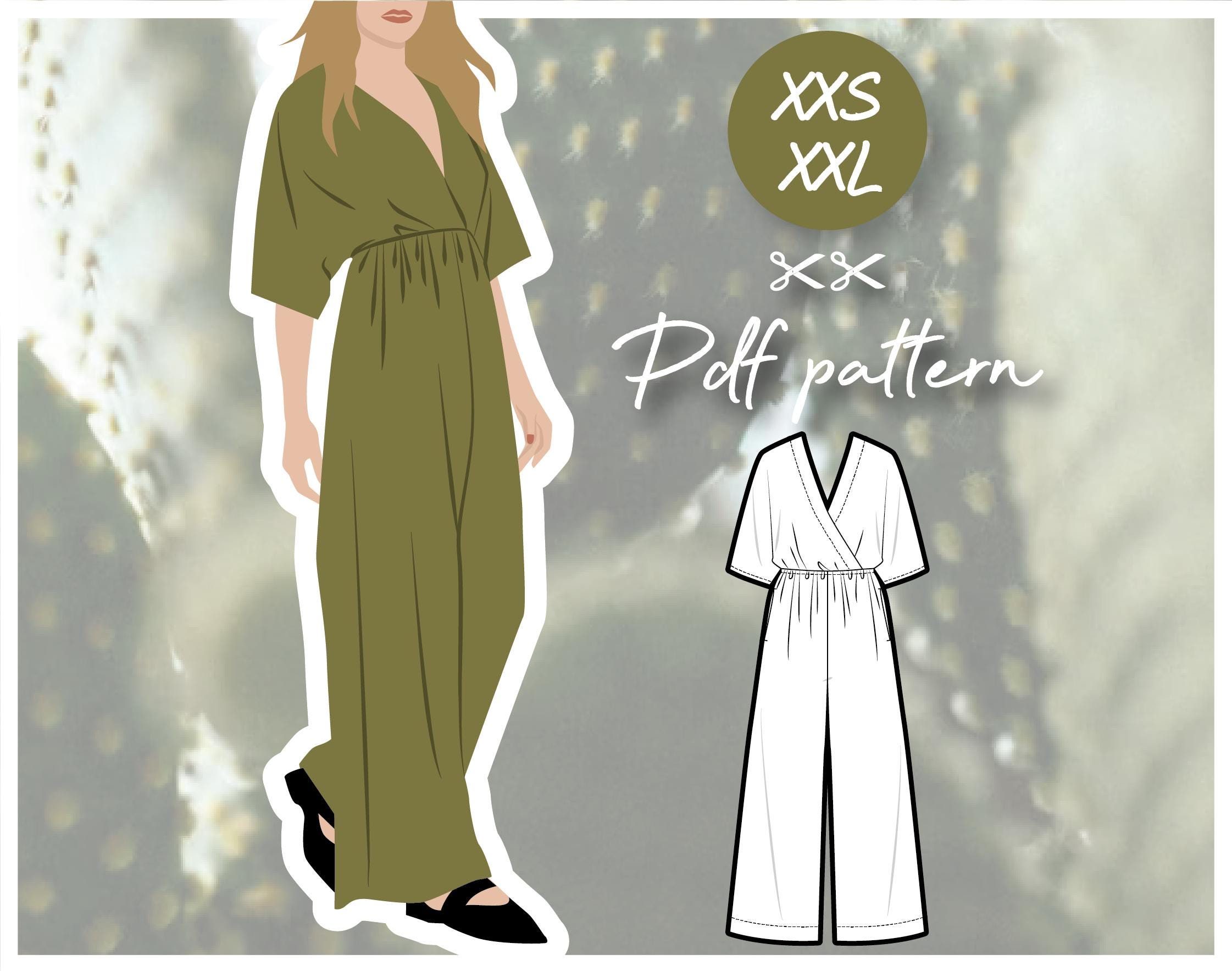 SERICA wide-leg jumpsuit with wrap top, Dolman sleeves and side pockets - PDF sewing pattern women's sizing for silk or linen