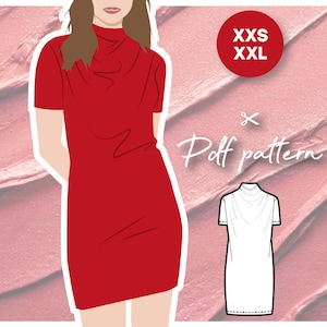 LUCKY cowl draped dress with high neck and short sleeves in jersey knit - PDF sewing pattern women&#39;s sizing
