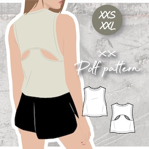 May include: Illustration of a sleeveless top with a cutout back, paired with black shorts. The image includes a size chart with XXS and XXL, and the text "Pdf pattern". Two line drawings of the top are also shown.