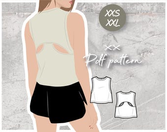LANE kurz geschnittenes Muskelshirt mit Rücken-Cut-Outs - PDF-Schnittmuster Damengrößen für Jersey oder Interlock
