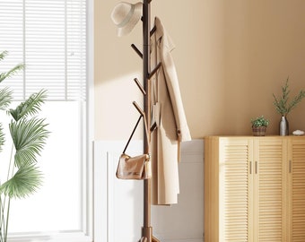 Natural Pine Wooden Freestanding Coat Rack Hat Stand with Storage Hooks Tree Shape Entryway Hallway Living Room Furniture Hanger Adjustable