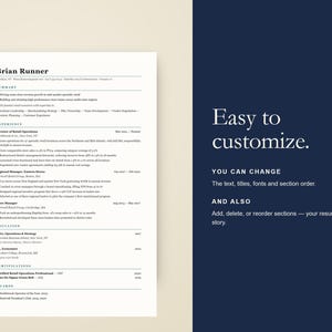 May include: A resume template with the name "Brian Runner" at the top. The resume is on a cream-colored background with a navy blue section on the right side that says "Easy to customize."
