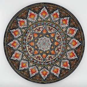 Piatto uzbeko in ceramica fatto a mano: piatto tradizionale floreale a pois 3D, 14,5"/37 cm. Piatti in ceramica Rishtan