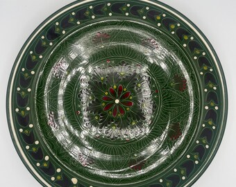 Handmade Uzbek Ceramic Lagan: Rishtan Pottery Dish, Green Tilma Tile, 14.5"