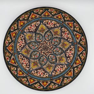 Piatto uzbeko in ceramica fatto a mano: piatto tradizionale floreale a pois 3D, 14,5"/37 cm. Piatti in ceramica Rishtan