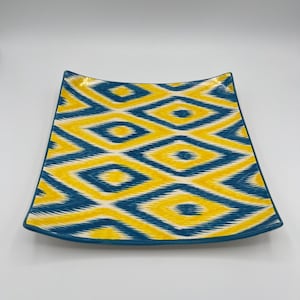 Uzbek Rishtan Bread Plate - Square Ceramic Ornament, Housewarming Gift Idea from Uzbekistan. Geometric Vivid Color Oriental Ceramic Plate