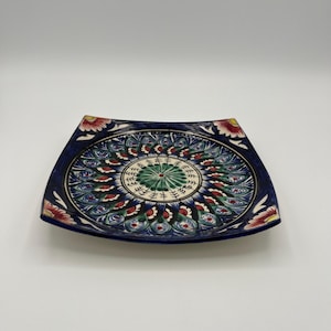 Piatto in ceramica uzbeka fatto a mano: piatto asiatico dipinto a mano, 7''/18 cm. Piatti da tapas tradizionali quadrati