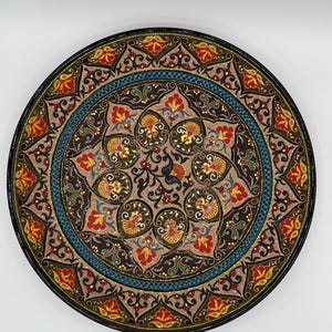 Uzbekistan Rishtan Lagan dipinto a mano: arte in ceramica floreale punteggiata 3D (37 cm). Piatto regalo ispirato alla natura.