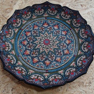 42cm 3D Pattern HUGE Ceramic Plate from Uzbekistan. Geometric Shapes Platter for Snacks & Fruits. Central Asian Uzbek Housewarming Ceramics