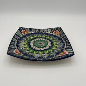 Piatti quadrati in ceramica uzbeka fatti a mano: motivo Rishtan blu reale (7''/18 cm), per insalate e frutta secca