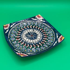 Handmade Uzbek Square 18cm/7&#39;&#39; Ceramic Plate. Fruits & Salads Floral Mandala Plate from Uzbekistan. Traditional Handmade Eco-Friendly Dish