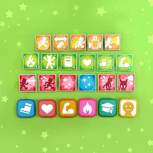 May include: A collection of colorful square game tiles with various cartoon icons, including flames, hearts, and arrows. The tiles are arranged on a green background with white star shapes.