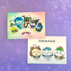 以下が含まれることがあります： イラストのキャラクターカードが2セット。最初のセットには、オットーという名前の青いキャラクターと、カエル、犬、星形の白黒のキャラクター、ペンギンがいます。テキストには「Otto! + friends」と書いてあります。2番目のセットには、ウサギの耳、青い髪、緑の髪をした3人のキャラクターがいます。テキストには「Jermawa」と書いてあります。